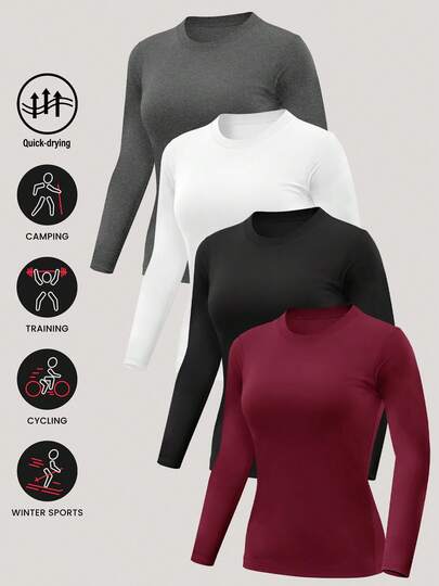 HOPLYNN 4 Pack Women's Long Sleeve Basic Shirts Crew Neck Slim Fitted Compression Gym Workout Athletic Underscrubs Tops