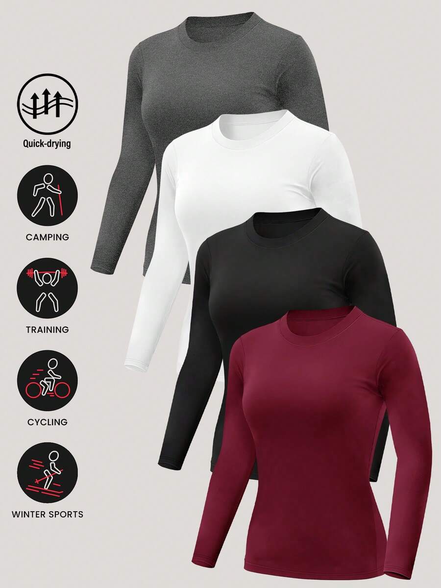 HOPLYNN 4 Pack Women's Long Sleeve Basic Shirts Crew Neck Slim Fitted Compression Gym Workout Athletic Underscrubs Tops - Nhiều màu - Xem 1