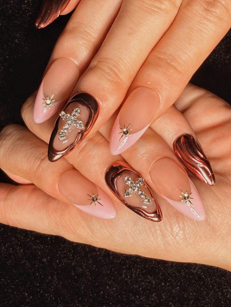 10片美甲贴片，杏仁形，纯手工制作，超级漂亮，高端，甜美又酷炫，辣妹风，多色法式手绘水波纹，魔法时空太阳，十字钻石和小水滴装饰，适合女孩和女士美甲用品 - 彩色 - 查看 4