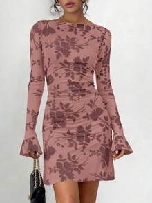 PRETTYGARDEN Women's Spring And Fall Fashion Floral Long Sleeve Mini Dress Mesh Bodycon Short Party Date Night Going Out Dresses Dhristmas New Years Valentine Vacation Dresses For Women - 暗粉 - 查看 3