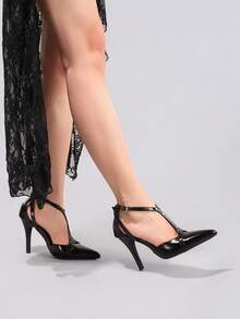 女士时尚黑色高跟鞋，性感尖头，优雅镂空细高跟，适合派对、宴会等场合，红底高跟鞋 - 黑色 - 查看 9