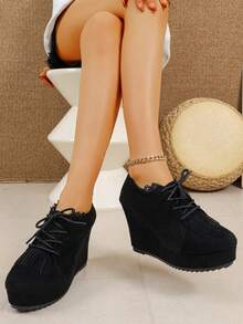 Giày cao gót đế xuồng buộc dây thời trang, đế dày mới, đơn giản, dành cho mùa xuân/thu, ngoài trời, cỡ lớn dành cho nữ - màu đen - Xem 3