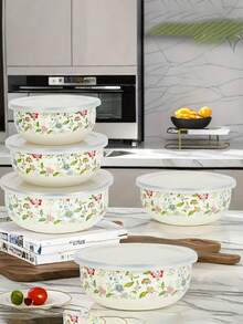 5件套彩色搪瓷密封保鲜盒，容量分别为10/12/14/16/18克，适用于水果蔬菜的食品储存碗，圆形盖子，可重复使用，时尚搪瓷汤/沙拉碗，适合学校、露营、野餐、办公室等场合。