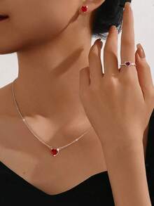 1Set 925 Sterling Silver Red Heart-Shaped Full Diamond Necklace Ring & Earring Set For Women Fine Jewelry Gift