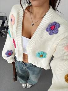 Women's Casual Floral Decor Long Sleeve Knitted Cardigan, Autumn/Winter