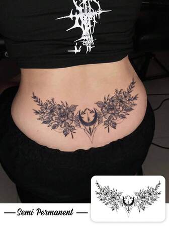 One Temporary Valentine's Day Tattoo Sticker, Y2K Style Black Floral Crescent Angel Succubus Design, Waterproof, Sweatproof, Washable, Non-Reflective, Suitable For Arm And Shoulder Tattoos, Suitable For Individuals, Lasts 3-5 Days.