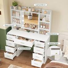 Dressing Table With 3-Color LED Lights Mirror, Adjustable Brightness, Vanity Table Makeup Desk With 9 Drawers And 7 Storage Shelves, Modern Vanity Desk For Bedroom Dressing Room, White - White - View 3