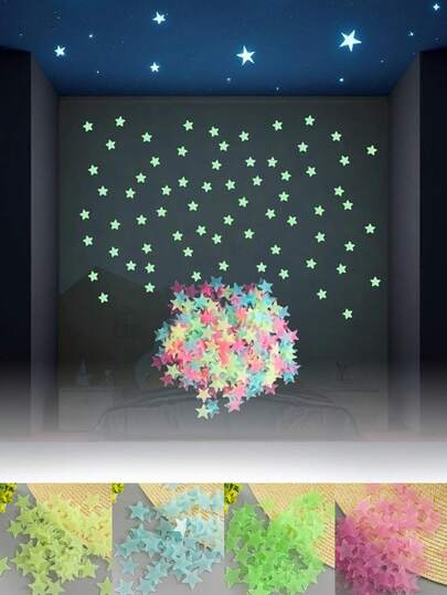 200pcs Multicolor Glow In The Dark Plastic Star Wall Stickers, Luminous Star Decals Suitable For Home Ceiling, Wall, Baby & Kids Bedroom, Party Decoration