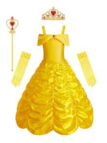 Set de 5 piezas que incluye vestido sin mangas con volantes amarillo, guantes, corona, varita mágica - Disfraz de princesa para niñas, para fiestas, Halloween, juego de roles