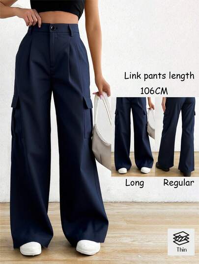 Pantalones de piernas anchas con botones para mujeres, tejidos sólidos, tejidos de poliéster ligeros y cómodos, pantalones individuales de moda elegante