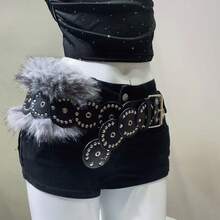 1pc PU Leather Rivet Fleece-Lined Perforated Belt: Punk Street Style Y2K Aesthetic Cool Women's Waist Strap - Pairs With Dresses, Casual Pants & Jeans - A款紅色 - 查看 8