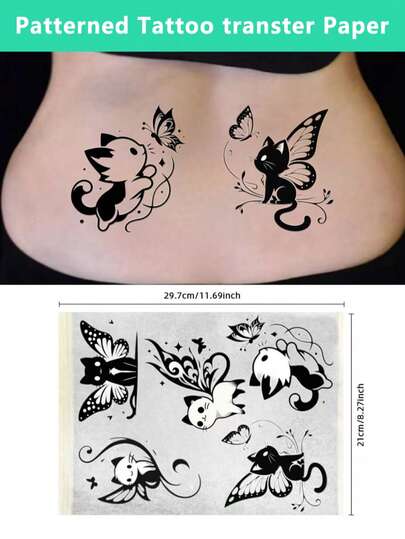 1 buc Hârtie Transfer Tatuaj Pisicuță Drăguță Alergătoare de Fluturi – Șablon Tatuaj Temporar A4 Pre-Designat pentru Artă Corporală (Braț, Gleznă, Încheietură) – Nu Este Necesar Desen, Ambalaj Manșon – Jucăușenie Fantastică la Pândă