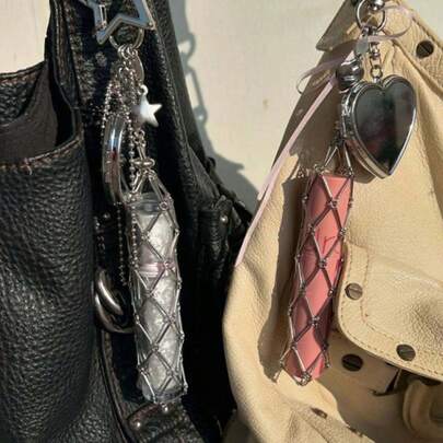 Metal Lipstick Holder Keychain, With Replaceable Stainless Steel Mesh Bag, Heart And Star Shaped Lipstick Case Keyring, Built-In Mini Mirror, Fashionable Hanging Decor, Suitable For Storing Lip Balm And Cosmetics, Stylish Accessory For Handbags And Wallets, Portable Makeup Item, Ideal For Women, Girls, Beauty Lovers And Gift Giving.