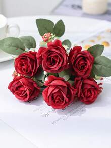 1/80 pièces Bouquet de roses en soie avec fruits en mousse artificielle, convient pour la décoration d'automne, le bouquet de mariée de la Saint-Valentin, le vase de mariage, la maison, le restaurant, la décoration de chambre, les fêtes, les anniversaires, la décoration de jardin extérieur - Rouge - Voir 4