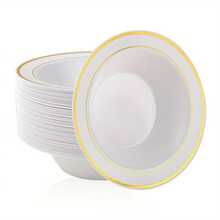 100PCS 12oz Disposable Gold Rim Plastic Bowls, Heavy Duty Dessert Salad Serving Bowls, Fancy Tableware For Wedding, Valentine's Day, Birthday Parties & Banquet Events - Gold - View 5