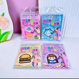 En uppsättning med fyra kawaii pixelpussel, klistermärken och böcker för barn - 4-i-1 mat- och tecknade teman, varje set med 16 klistermärken och pincetter, perfekt present till pojkar och flickor" [Vissa delar är slumpmässigt producerade med färgvariationer]