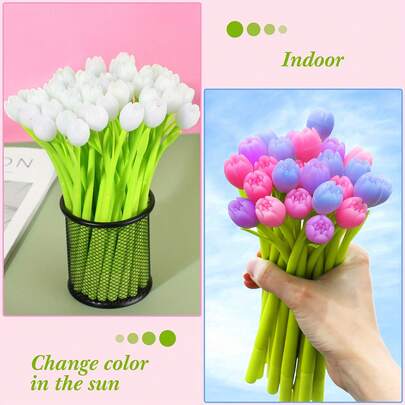 30-Piece Color-Changing Flower Pen Tulip Ballpoint Pen - 0.38mm Black Gel Ink Ball Pen, Student Stationery, Birthday Gift For Girls, School Home Office Decoration, Back-To-School Party Gift