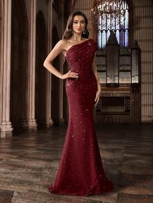 Elegant Women's Ombre Asymmetric Neckline Rhinestone Embellished Formal Dress - Burgundy - View 3