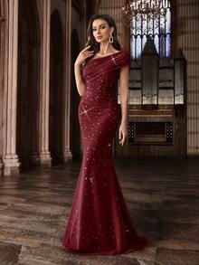 Elegant Women's Ombre Asymmetric Neckline Rhinestone Embellished Formal Dress - Burgundy - View 4