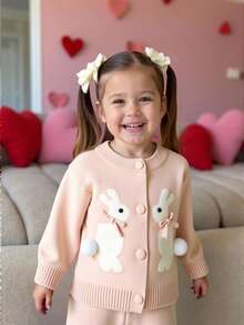 2pcs Baby Girls Cute Rabbit Bow Pattern Pink Long Sleeve Knitted Cardigan And Pink Knitted Pants Set, Comfortable And Warm, Suitable For Daily, Vacation, School, Spring, Autumn, Winter