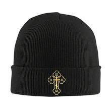 IC XC NIKA Unisex Orthodox Church Cross Knitted Hat - Winter Warmth, Gold Greek Letters And Cross Design, Soft Acrylic Knit, Suitable For Church, Greek Orthodox Church, Church Clothing, Sports Style, Durable Structure, Faith Apparel - 黑色 - 查看 1