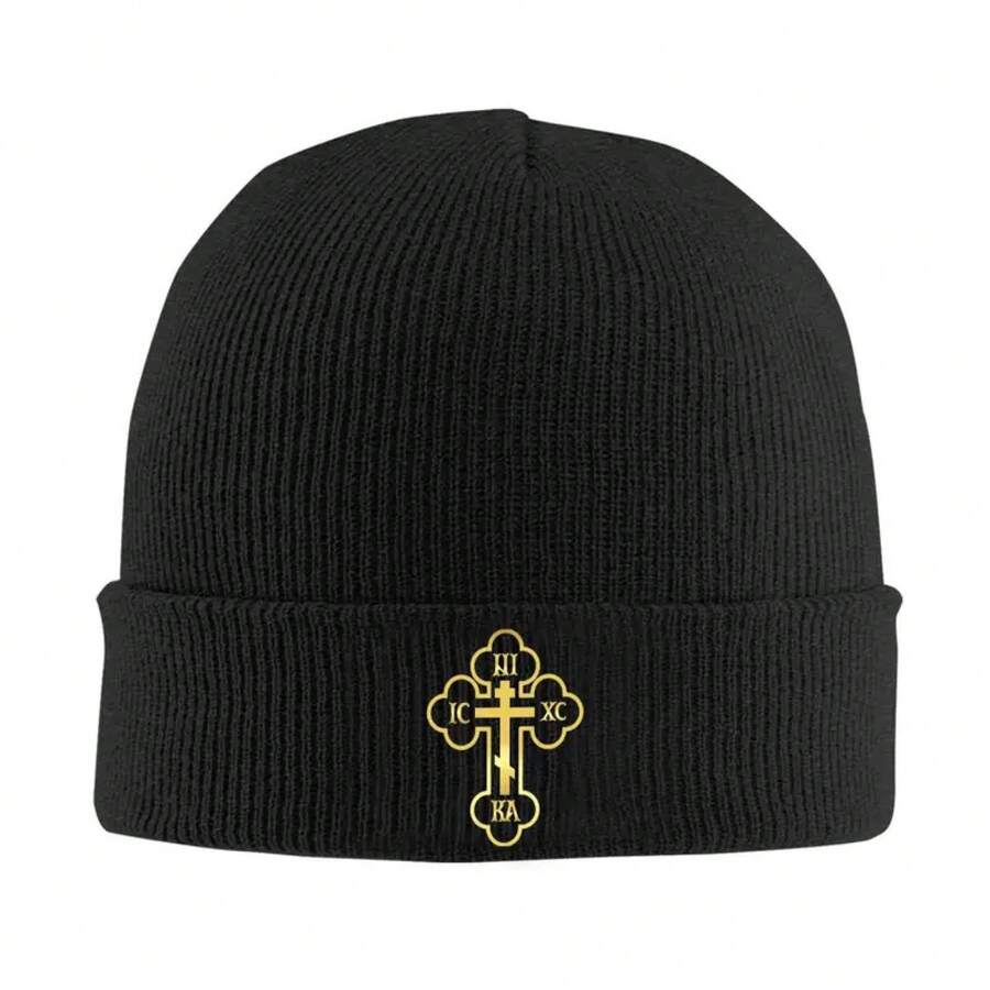 IC XC NIKA Unisex Orthodox Church Cross Knitted Hat - Winter Warmth, Gold Greek Letters And Cross Design, Soft Acrylic Knit, Suitable For Church, Greek Orthodox Church, Church Clothing, Sports Style, Durable Structure, Faith Apparel - 黑色 - 查看 1
