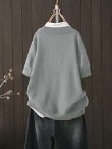 Plus Size Women's Casual Everyday Commute Simple Solid Color Round Neck Dropped Shoulder Loose Pullover Sweater (Excluding Shirt) Spring - Grey - View 2