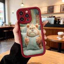 Cubierta de telefono con borde negro y diseño de oso animado acostado sobre cojín verde para uso diario en cafeterías y espacios casuales Aplicable a los teléfonos de la serie Apple y Galaxy - Negro - Ver 5