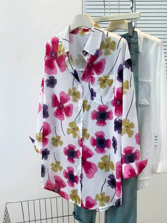Women's Floral Print Button Front Pocket Design Casual Long Shirt, Loose Fit Flattering, Suitable For Holiday, Daily Wear, Home, Autumn/Winter
