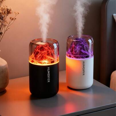 1个180毫升彩色火山加湿器，适用于房间，USB供电，2种工作模式，7色LED灯，静音喷雾，家用电动空气净化器，火山效果香薰灯和精油扩散器，非常适合室内装饰