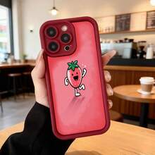 Cubierta de teléfono con borde negro y cuerpo rojo con estampado de fresa animada feliz para uso diario en cafeterías y salas de estar Aplicable a los teléfonos de la serie Apple y Galaxy - Blanco - Ver 5