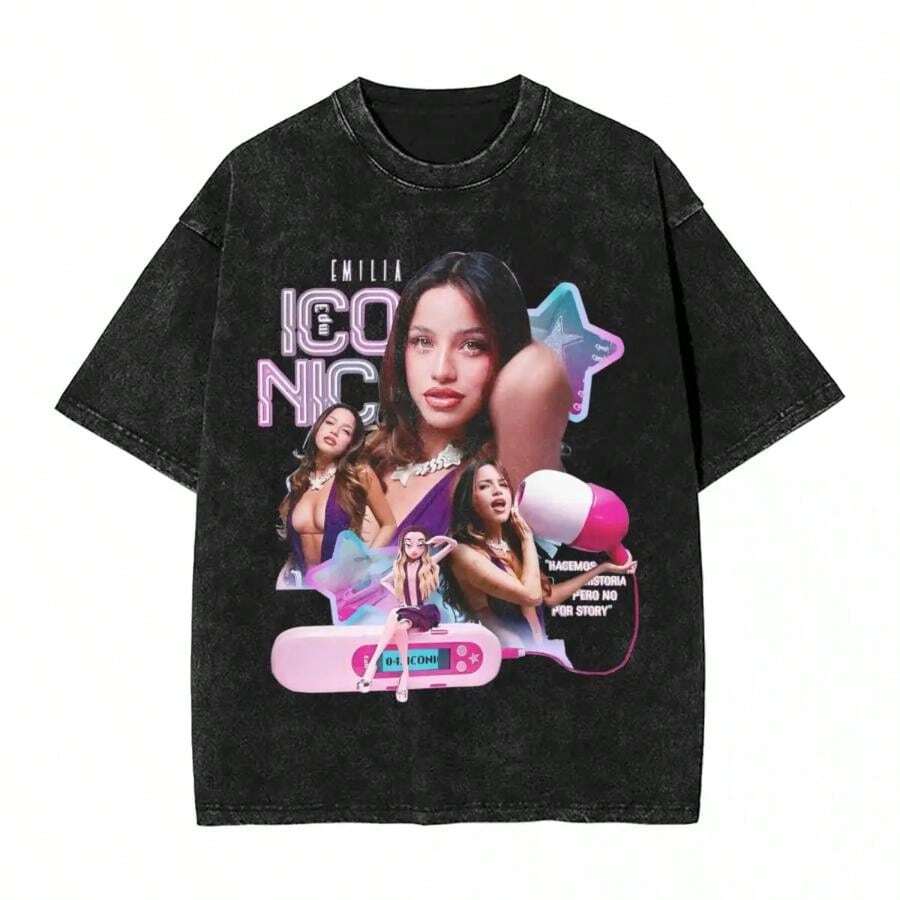 Emilia Mernes MP3 Washed T Shirt Male Music Awesome Cotton T Shirts Summer Breathable Novelty Tees Simple Oversized Clothing - 黑色 - 查看 1