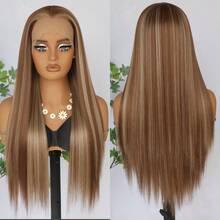 Stunning Brown MIxed Blonde Hair Synthetic Lace Front Wigs For Women 26 Inch Pre Plucked Long Straight Hair Wigs 13X4 HD Lace Wigs Glueless Heat Resistant Halloween Wigs Long Silky Straight For Daily Christmas Party Cosplay Use - Piano Color - View 5