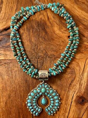 1件波西米亚风复古绿松石吊坠项链，几何合金项链，适合女性日常佩戴