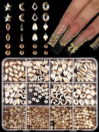 12-Grid Mixed Rhinestones Of Various Sizes And Shapes, 3D Gold Crystal Nail Art Rhinestones, Irregular Flat-Bottomed Diamonds, Nail Art Accessories, Nail Supplies, Home DIY Nail Art, Salon Nail Art, Nail Gemstones.