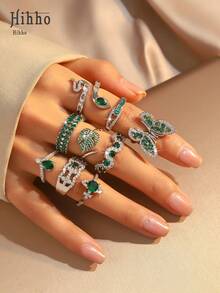 Hihho 1枚时尚立方氧化锆绿色方形可调节戒指，蛇形、蝴蝶、树叶、行星设计，优雅女士日常佩戴，节日礼物