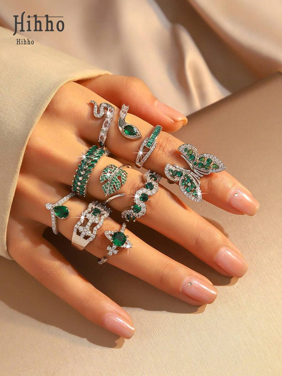 Hihho 1枚时尚立方氧化锆绿色方形可调节戒指，蛇形、蝴蝶、树叶、行星设计，优雅女士日常佩戴，节日礼物