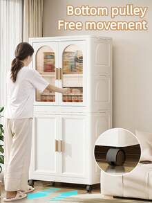 Folding Simple Wardrobe Closet, Folds Flat For Storage,DIY Collapsible Clothes Storage Cabinet ,Foldable Baby Wardrobe With Hanging Rod, Portable Kids Wardrobe With Lockable Wheels & Magnetic Doors, Sturdy Nursery Closet Storage Organizer For Boys & Girls' Bedroom, Easy To Install (White, Large)Apartment Saver - 彩色 - 查看 7