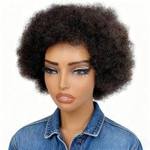 女士真人发假发，非裔卷发/蓬松发型，短款非裔基础款，无蕾丝玫瑰网帽，百搭款式，自然外观，适合所有种族