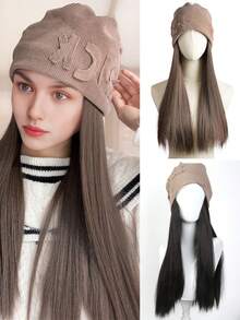 女士假发和帽子一体式设计，16英寸长直发合成假发，保暖柔软，适合秋冬季节佩戴。