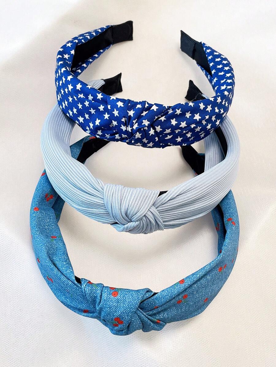 3pcs/Set Women Blue Floral & Star Solid Fabric Headband, Sweet Matching Hair Accessories, Suitable For Daily Use & Independence Day, Hair Hoop Hairband For Women, - Blue - View 1