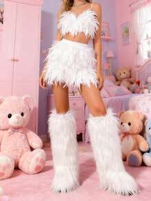 女士冬季过膝雪地靴保暖蓬松内衬防水毛绒保暖内衬时尚雪地靴 - 白色 - 查看 3