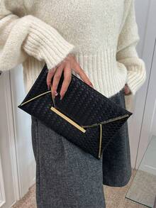 1个PU皮革纯色编织纹理女士日常信封式手拿包，简约优雅，节日礼物 - 黑色 - 查看 3