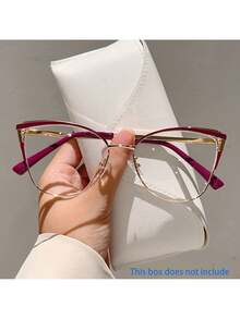 1 Pair Of Women's New Cat Eye Shaped Flat Glasses Fashionable Light Luxury Metal Frame  Retro Pink Glasses - 紅金色 - 查看 12