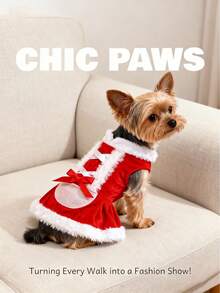 holdhoney Chic Paws Christmas Dog Dress - Pet Costume With White Furry Trim & Bow Detail, Fashionable Holiday Outfit For Yorkie & Small Dogs, Ideal For Christmas Parties, Festive Walks, Family Gatherings & Pet Fashion Shows, Make Your Pet The Star Of Every Holiday Occasion!