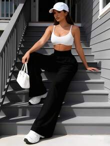 Pantalones deportivos de cintura alta, unicolor, con pliegues y bolsillos, pernera ancha para mujer con diseño cruzado para actividades, aptos para pádel, tenis, pickleball, gimnasio y fitness en otoño e invierno - Negro - Ver 5