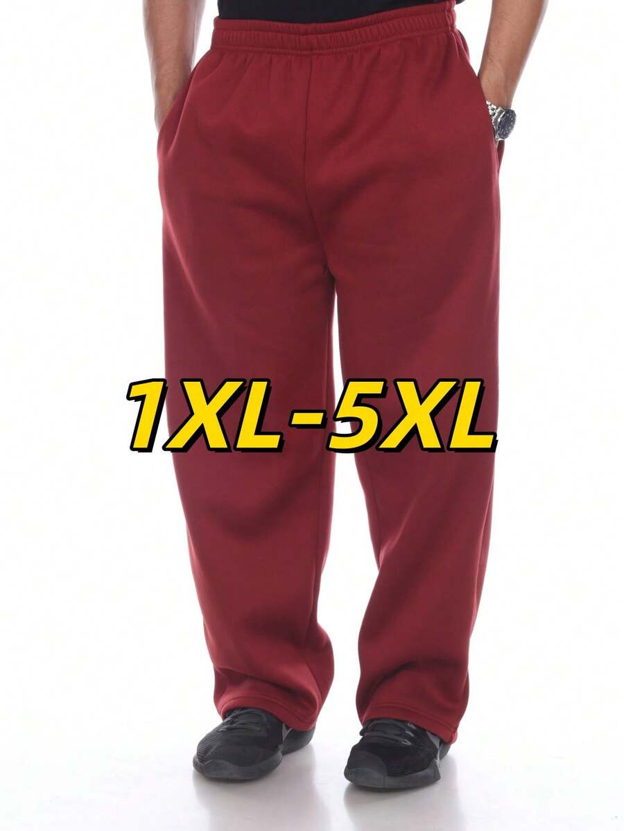 Large Size Men's Fleece Open Leg Sweatpants With Soft Lining And Pockets - 酒紅色 - 查看 1