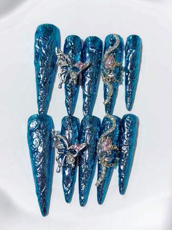 10pcs Y2K Extra Long Stiletto Shape Blue Liquid Metal Handmade Press On Nails, With Oversize Metal Butterfly Decoration, Diamond Jewelry; Nail Supplies, Acrylic Nails, Homemade Nails, DIY, Nail Art, Acrylic False Nails; Suitable For Vacation, Birthday, Party, Daily Wear; Includes 1pc Jelly Glue & 1pc Mini File