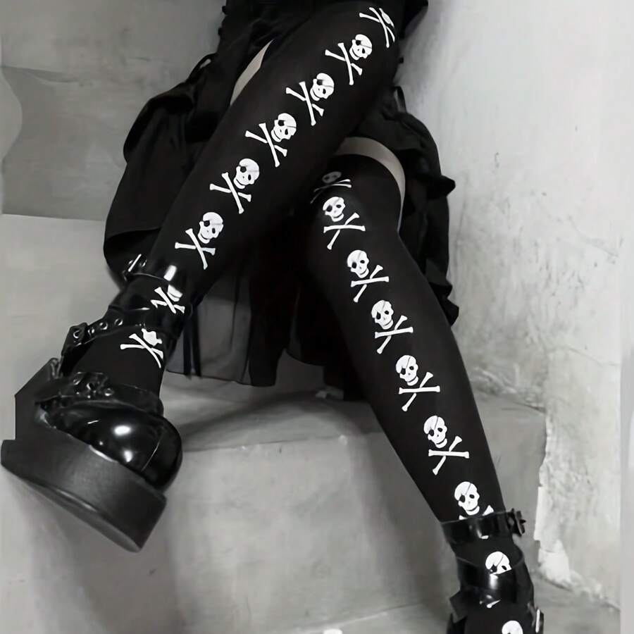 [Halloween Cosplay Stockings] Halloween 1 Pair Of Cosplay Skeleton Stockings| Bone Socks, Party Thigh-Highs - màu đen - Xem 1