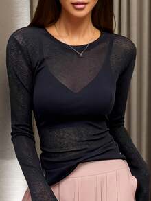 2025 Spring/Autumn Women Crew Neck Layering Tee, Sheer Mesh Long Sleeve Thin Blouse - Black - View 3